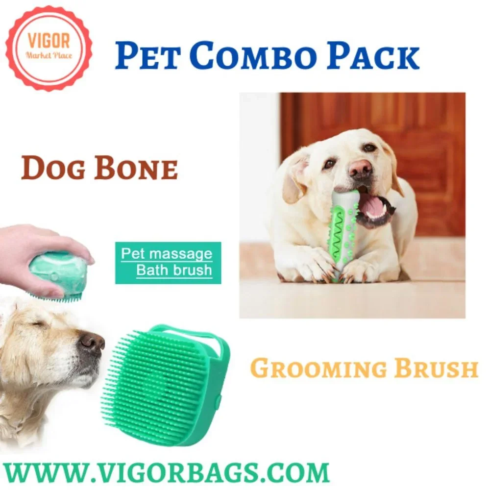 Dog Squeaky Bone Stick Toy Chew Toothbrush & Grooming Brush